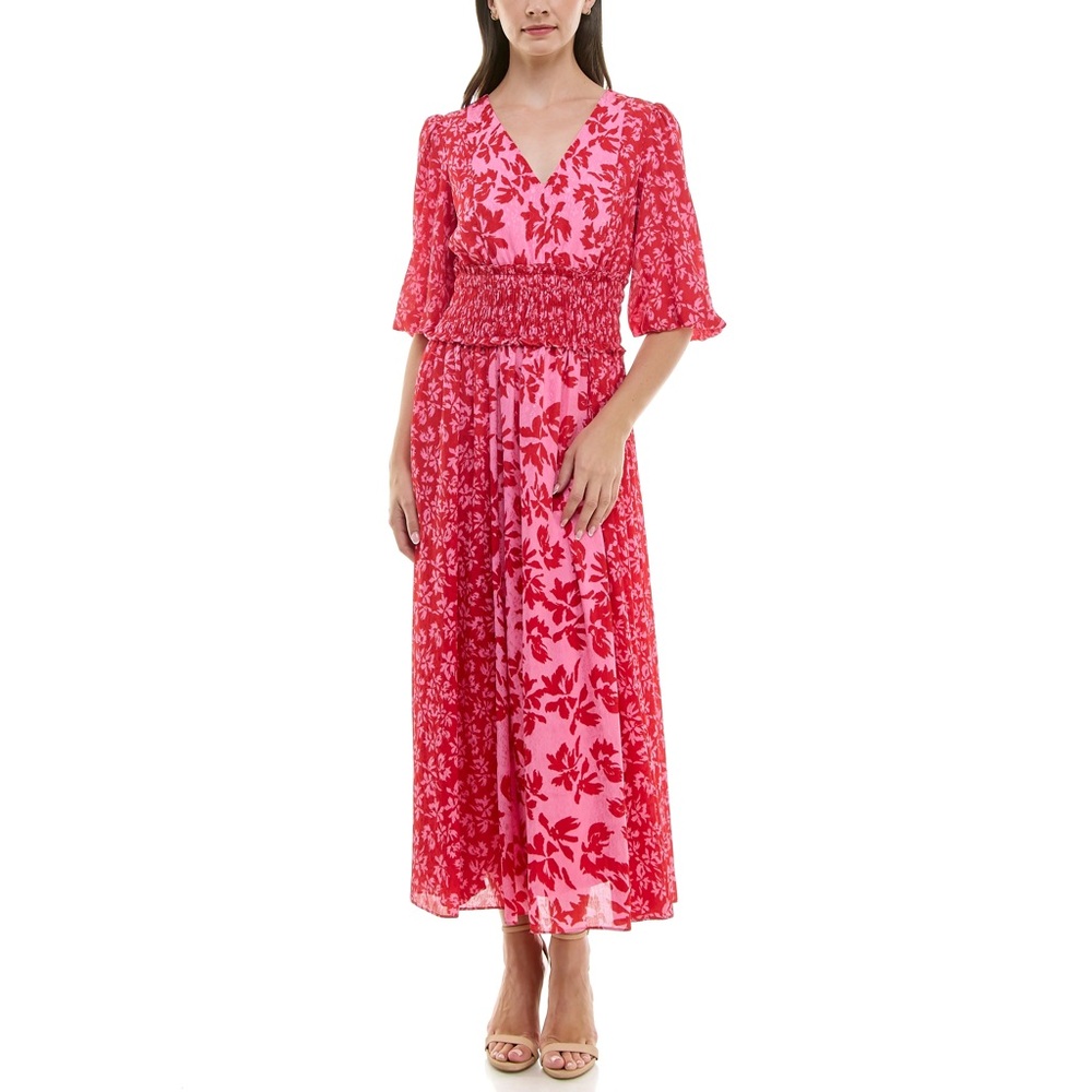 Taylor Red and Pink Floral Midi Dress